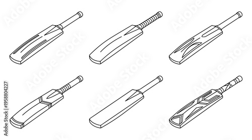 cricket bat , 6 black line isometric 3d vector collection , white background , PNG and SVG isolate