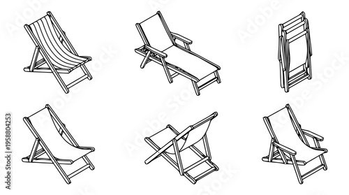 deck chair , 6 black line isometric 3d vector collection , white background , PNG and SVG isolate