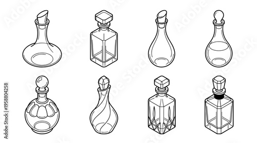 decanter , 6 black line isometric 3d vector collection , white background , PNG and SVG isolate