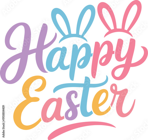 Happy Easter Colorful Bunny Ears Typography Vector Icon White Background