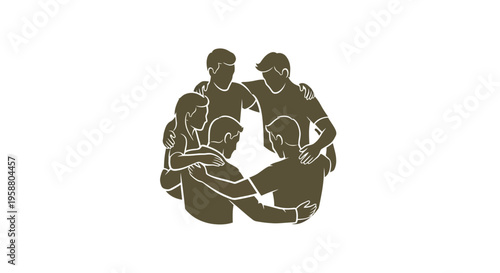Diverse group of five people embracing in a supportive circle
