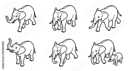 elephant , 6 black line isometric 3d vector collection , white background , PNG and SVG isolate