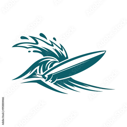 Dynamic surfboard riding ocean wave graphic illustration