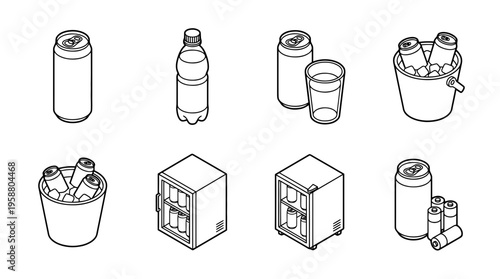 energy drink , 6 black line isometric 3d vector collection , white background , PNG and SVG isolate