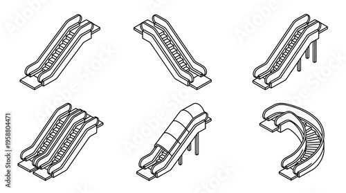 escalator , 6 black line isometric 3d vector collection , white background , PNG and SVG isolate