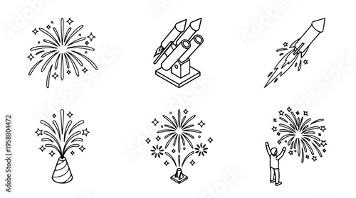 excitement fireworks , 6 black line isometric 3d vector collection , white background , PNG and SVG isolate