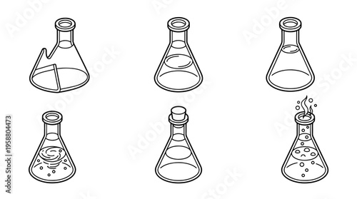 erlenmeyer flask , 6 black line isometric 3d vector collection , white background , PNG and SVG isolate