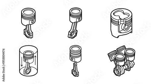 engine piston , 6 black line isometric 3d vector collection , white background , PNG and SVG isolate