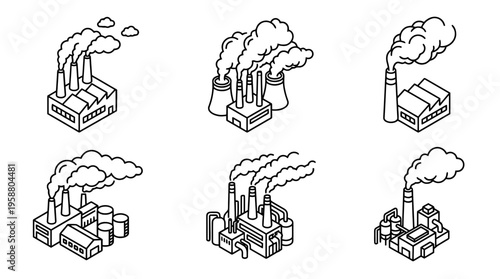 factory smoke , 6 black line isometric 3d vector collection , white background , PNG and SVG isolate