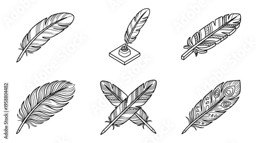 feather , 6 black line isometric 3d vector collection , white background , PNG and SVG isolate