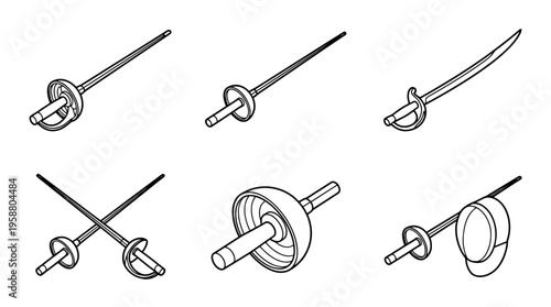 fencing sword , 6 black line isometric 3d vector collection , white background , PNG and SVG isolate