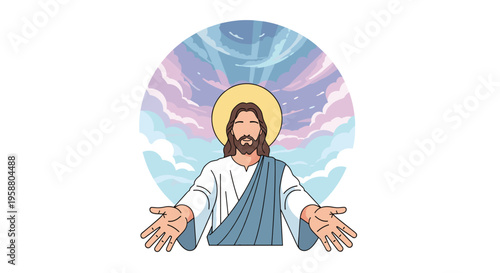 An illustration portrays Jesus Christ with a halo, outstretched arms, and a serene expression against a background of light blue and purple clouds with radiating light.