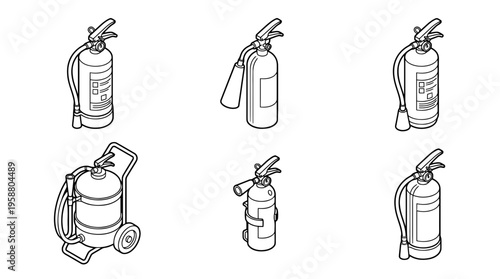 fire extinguisher , 6 black line isometric 3d vector collection , white background , PNG and SVG isolate