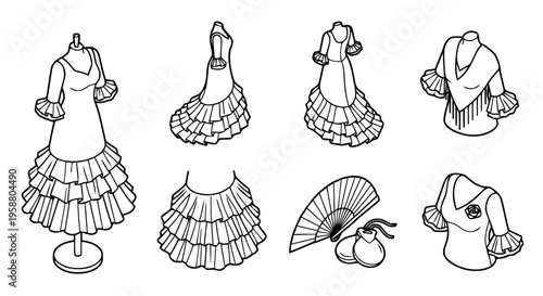 flamenco dress , 6 black line isometric 3d vector collection , white background , PNG and SVG isolate