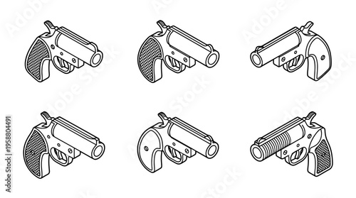 flare gun , 6 black line isometric 3d vector collection , white background , PNG and SVG isolate