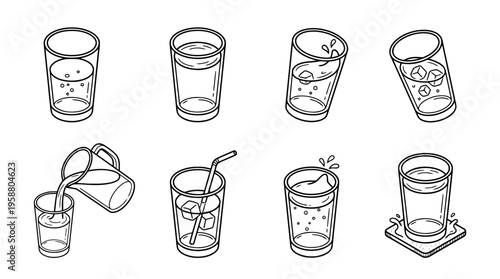 glass of water , 6 black line isometric 3d vector collection , white background , PNG and SVG isolate