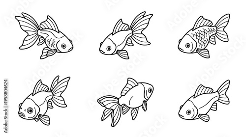 goldfish , 6 black line isometric 3d vector collection , white background , PNG and SVG isolate