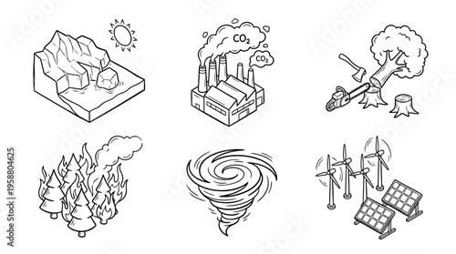 global warming , 6 black line isometric 3d vector collection , white background , PNG and SVG isolate