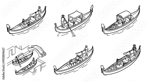 gondola boat , 6 black line isometric 3d vector collection , white background , PNG and SVG isolate