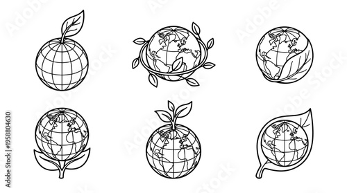 globe with leaf , 6 black line isometric 3d vector collection , white background , PNG and SVG isolate