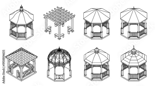 gazebo , 6 black line isometric 3d vector collection , white background , PNG and SVG isolate
