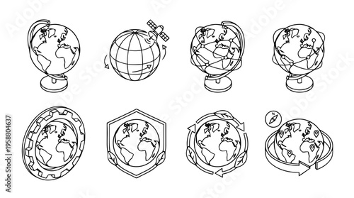 globe earth , 6 black line isometric 3d vector collection , white background , PNG and SVG isolate
