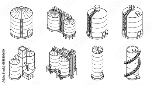 grain silo , 6 black line isometric 3d vector collection , white background , PNG and SVG isolate