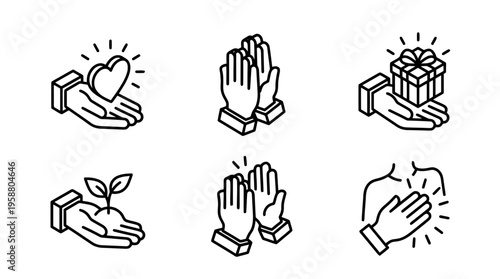 grateful hands , 6 black line isometric 3d vector collection , white background , PNG and SVG isolate
