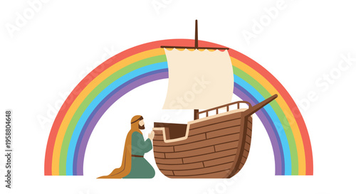 A man kneels in prayer next to a wooden boat beneath a colorful rainbow on a plain white background.