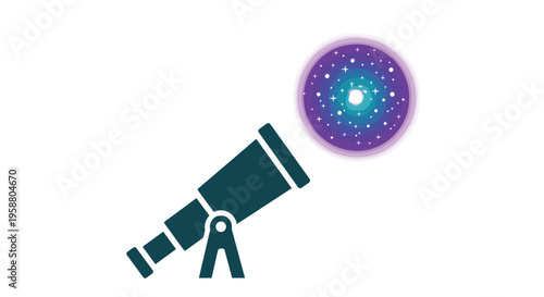 A dark teal telescope on a tripod is angled upwards, observing a vibrant, swirling galaxy depicted as a circular burst of purple, blue, and white stars against a white background.