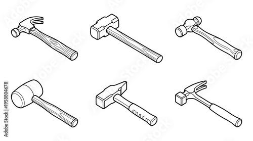 hammer , 6 black line isometric 3d vector collection , white background , PNG and SVG isolate