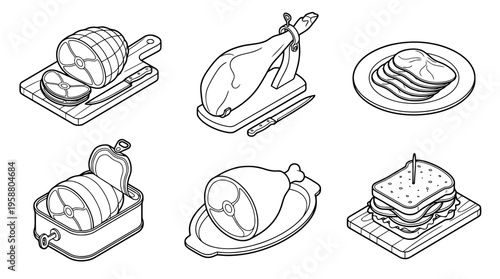 ham , 6 black line isometric 3d vector collection , white background , PNG and SVG isolate
