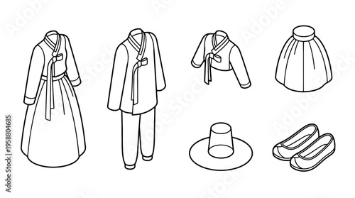 hanbok , 6 black line isometric 3d vector collection , white background , PNG and SVG isolate