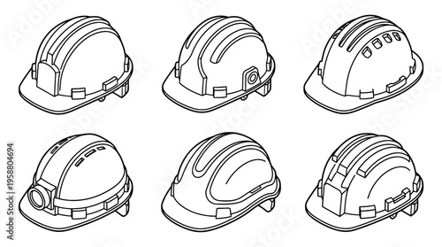 hard hat , 6 black line isometric 3d vector collection , white background , PNG and SVG isolate