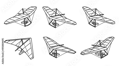 hang glider , 6 black line isometric 3d vector collection , white background , PNG and SVG isolate