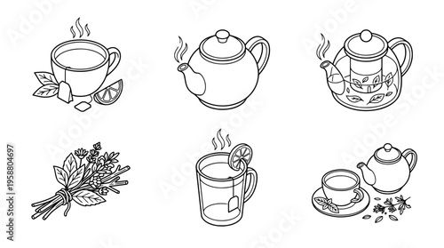 herbal tea , 6 black line isometric 3d vector collection , white background , PNG and SVG isolate
