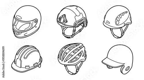 helmet , 6 black line isometric 3d vector collection , white background , PNG and SVG isolate