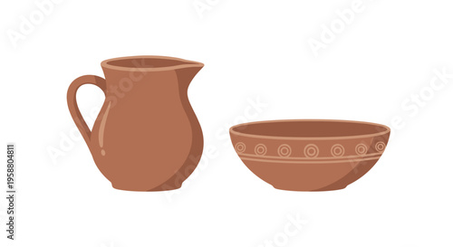 A rustic terracotta pitcher and a matching decorative bowl are displayed side-by-side on a white surface.