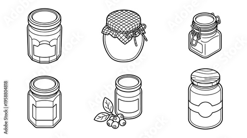 jam jar , 6 black line isometric 3d vector collection , white background , PNG and SVG isolate