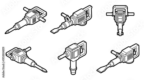 jackhammer , 6 black line isometric 3d vector collection , white background , PNG and SVG isolate