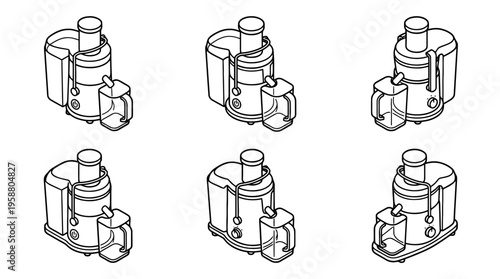 juicer machine , 6 black line isometric 3d vector collection , white background , PNG and SVG isolate