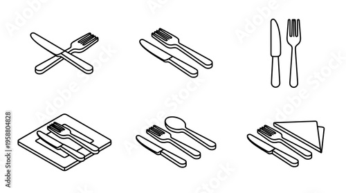 knife and fork , 6 black line isometric 3d vector collection , white background , PNG and SVG isolate