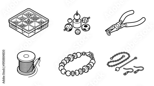 jewelry making beads , 6 black line isometric 3d vector collection , white background , PNG and SVG isolate