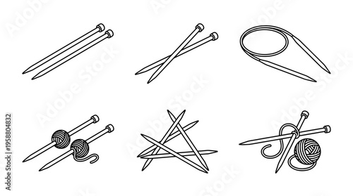 knitting needles , 6 black line isometric 3d vector collection , white background , PNG and SVG isolate