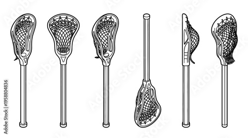 lacrosse stick , 6 black line isometric 3d vector collection , white background , PNG and SVG isolate