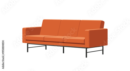 A modern three-seater orange sofa with black metal legs is positioned against a white background.