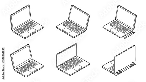 laptop computer , 6 black line isometric 3d vector collection , white background , PNG and SVG isolate