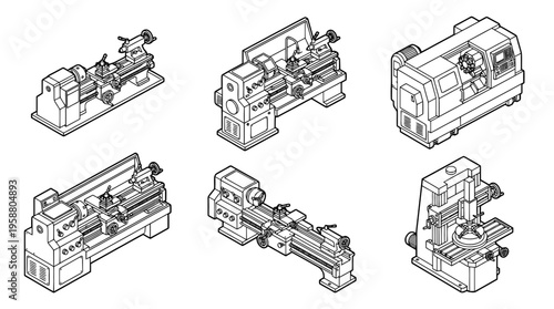 lathe machine , 6 black line isometric 3d vector collection , white background , PNG and SVG isolate