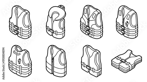 life jacket , 6 black line isometric 3d vector collection , white background , PNG and SVG isolate