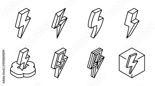 lightning bolt , 6 black line isometric 3d vector collection , white background , PNG and SVG isolate